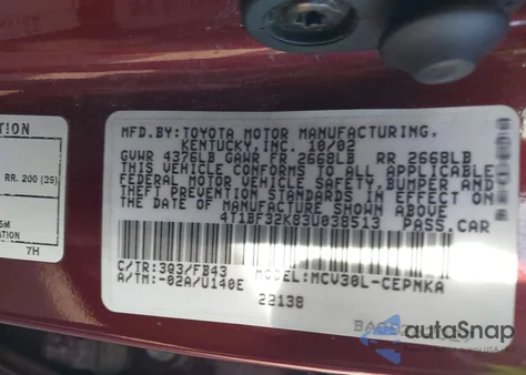 2003 Toyota Camry Le V6 z USA, uszkodzony, nr VIN 4T1BF32K83U038513